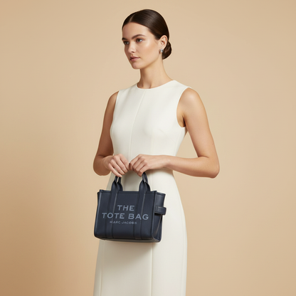 Marc Jacobs The Small Tote Bag Blue Calf Leather Tote Bag — held by model in studio