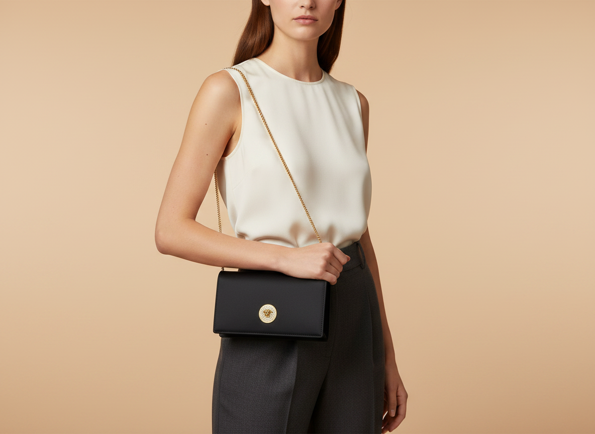 Versace Greca Black Fabric Mini Chain Wallet Crossbody Bag — held by model in studio