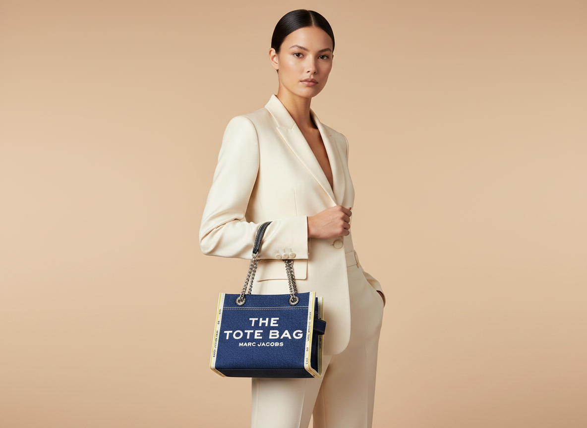 Marc Jacobs The Denim Chain Small Tote Bag — held by model in studio