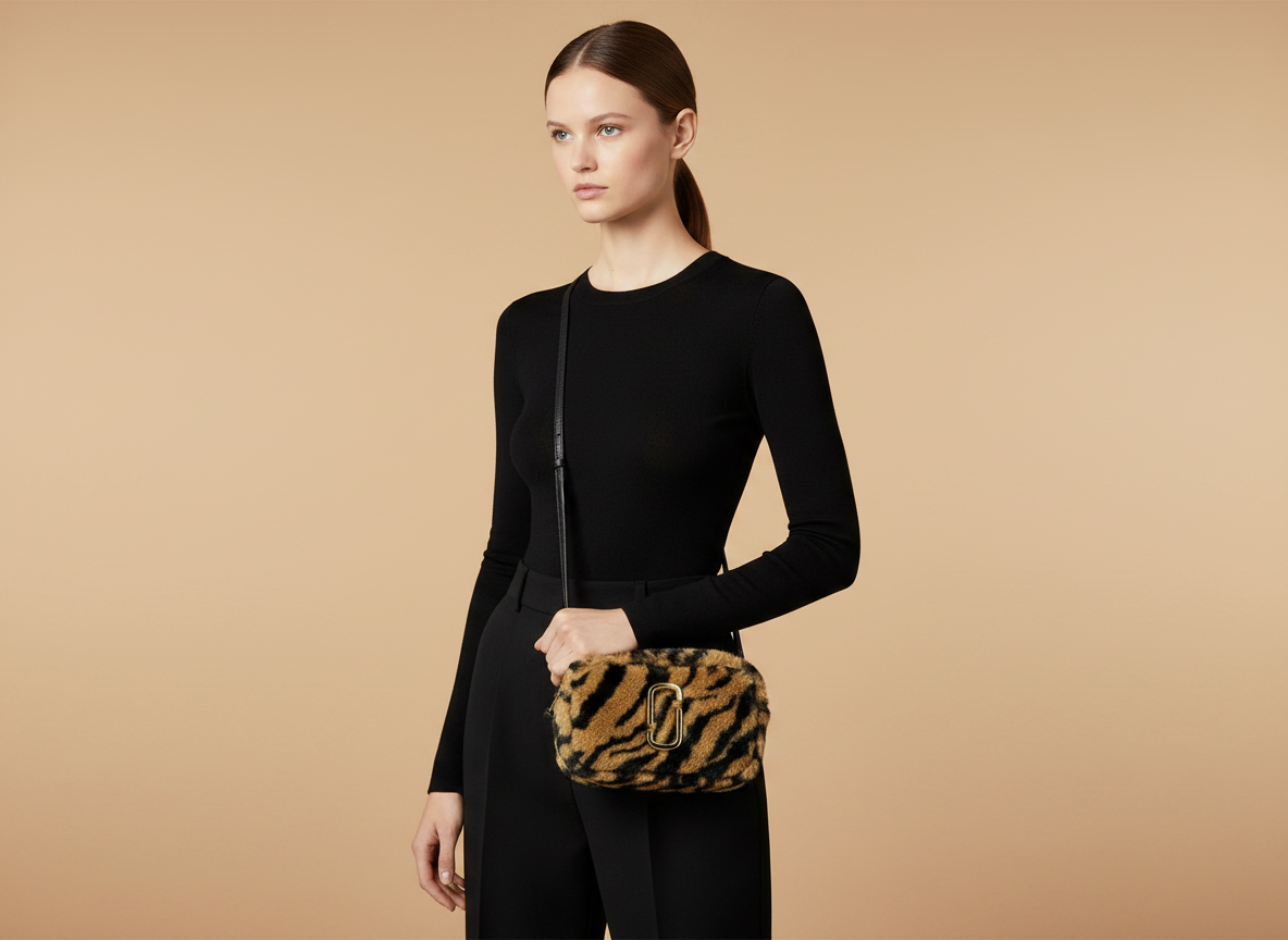 Marc Jacobs The Snapshot Tiger Faux Fur Crossbody Bag — held by model in studio