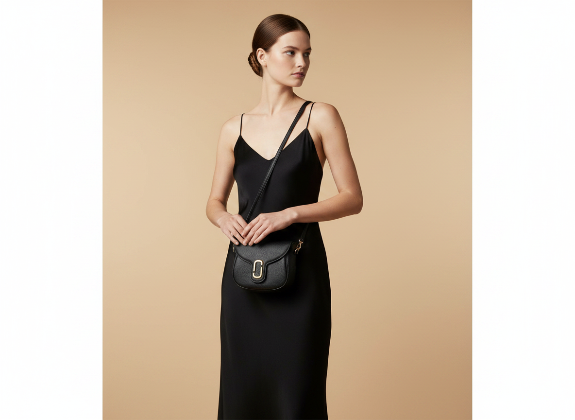 Marc Jacobs The Saddle Bag Black Pebble Leather Crossbody Bag — held by model in studio