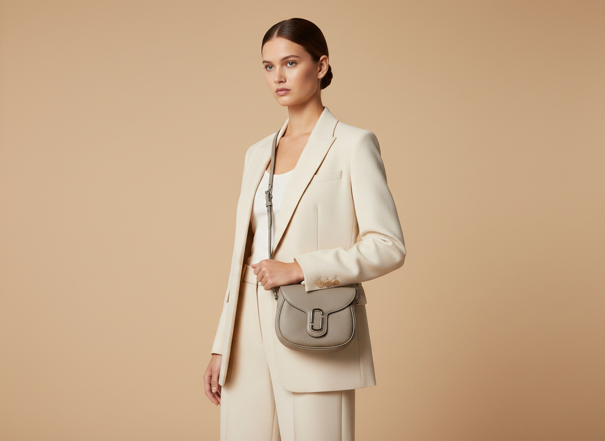 Marc Jacobs The Saddle Cement Leather Crossbody Bag — held by model in studio