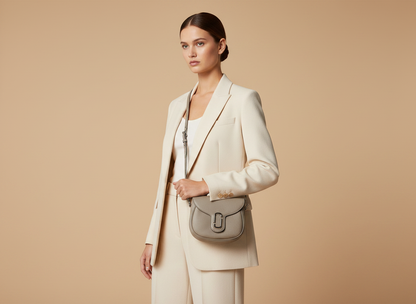 Marc Jacobs The Saddle Cement Leather Crossbody Bag — held by model in studio