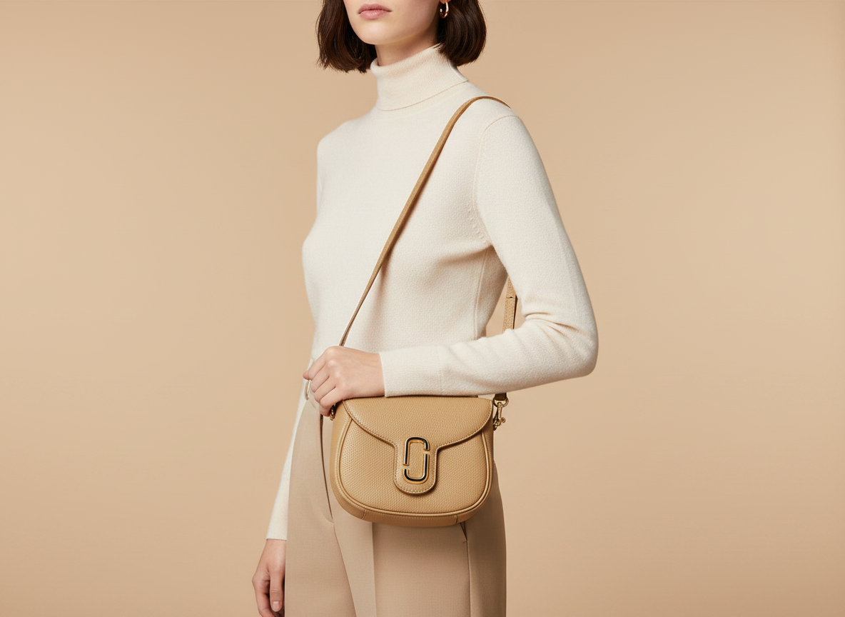 Marc Jacobs The Saddle Bag Camel Pebble Leather Crossbody Bag — held by model in studio