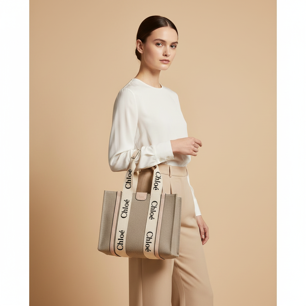Chloé Woody Small Beige Linen Tote — held by model in studio