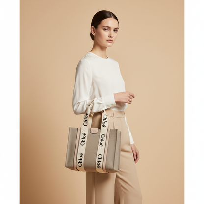 Chloé Woody Small Beige Linen Tote — held by model in studio