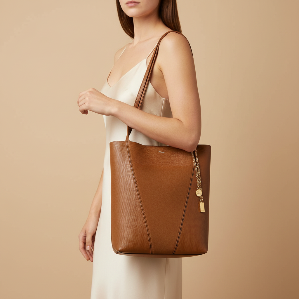 Chloé Spin Brown Calfskin & Suede Shoulder Bag — held by model in studio