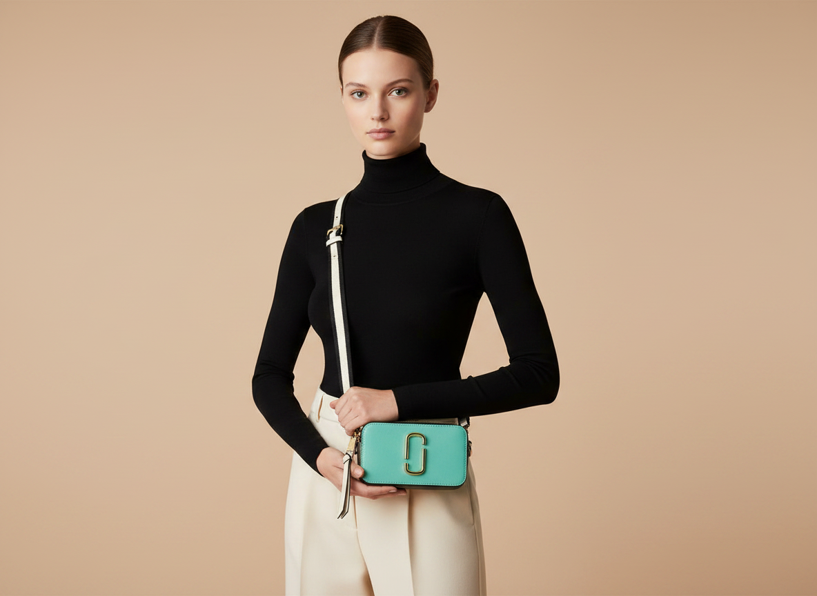 Marc Jacobs The Snapshot Multi-Color Saffiano Leather Crossbody Bag — held by model in studio