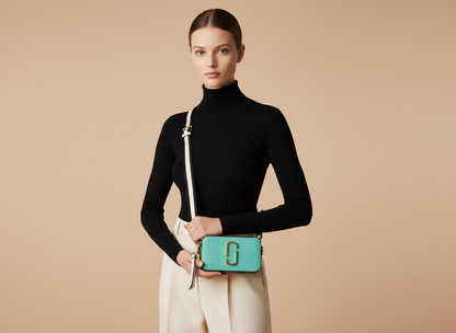Marc Jacobs The Snapshot Multi-Color Saffiano Leather Crossbody Bag — held by model in studio