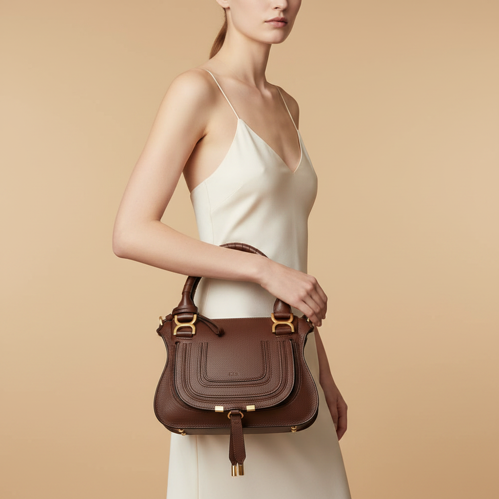 Chloé Marcie Brown Calfskin Top Handle Bag — held by model in studio