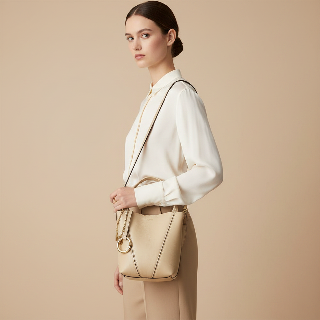 Chloé Spin Beige Calfskin Shoulder Bag — held by model in studio