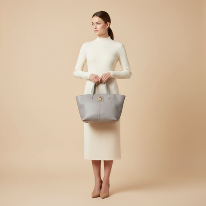 Madison Maison x Joan Hornig Light Grey Leather Lock Tote Bag — held by model in studio