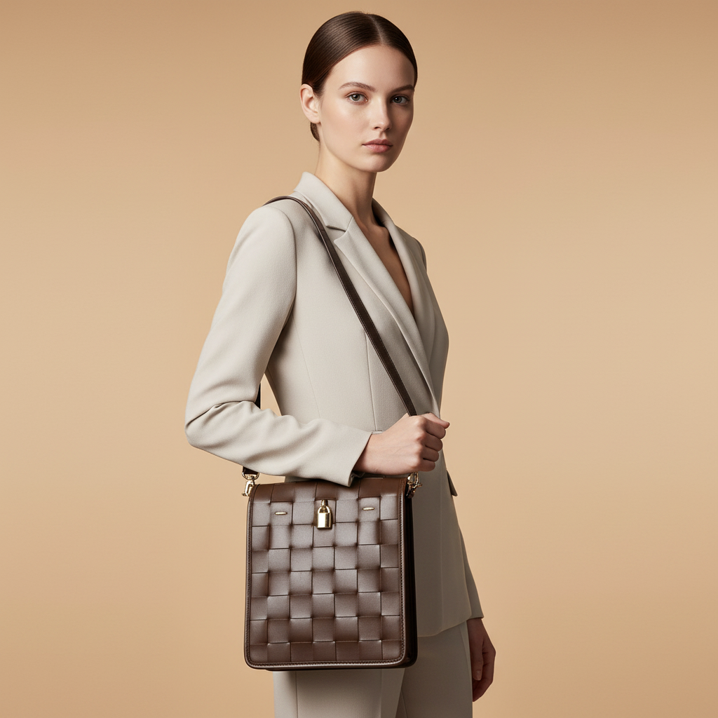 Woven Leather Chocolate Crossbody Bag — held by model in studio