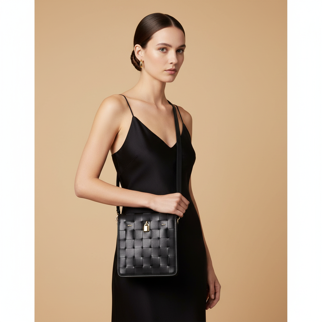 Woven Leather Black Crossbody Bag — held by model in studio