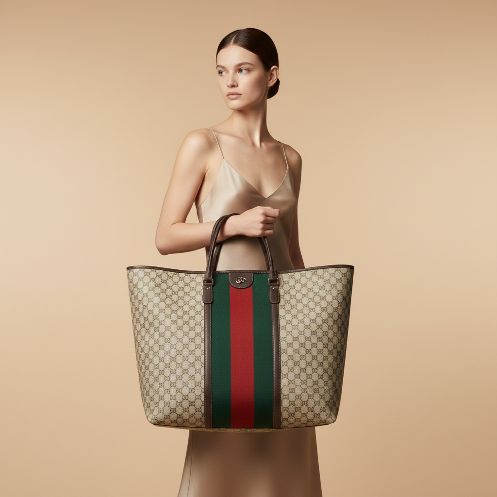 Gucci GG Web Stripe Large Travel Tote Bag in Beige Canvas — held by model in studio