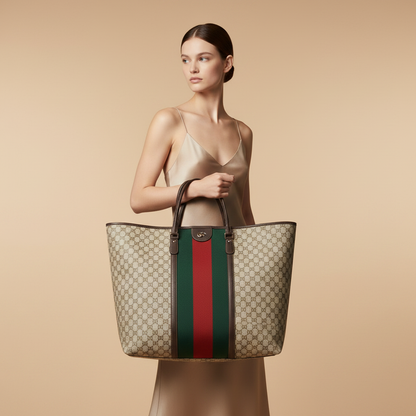 Gucci GG Web Stripe Large Travel Tote Bag in Beige Canvas — held by model in studio