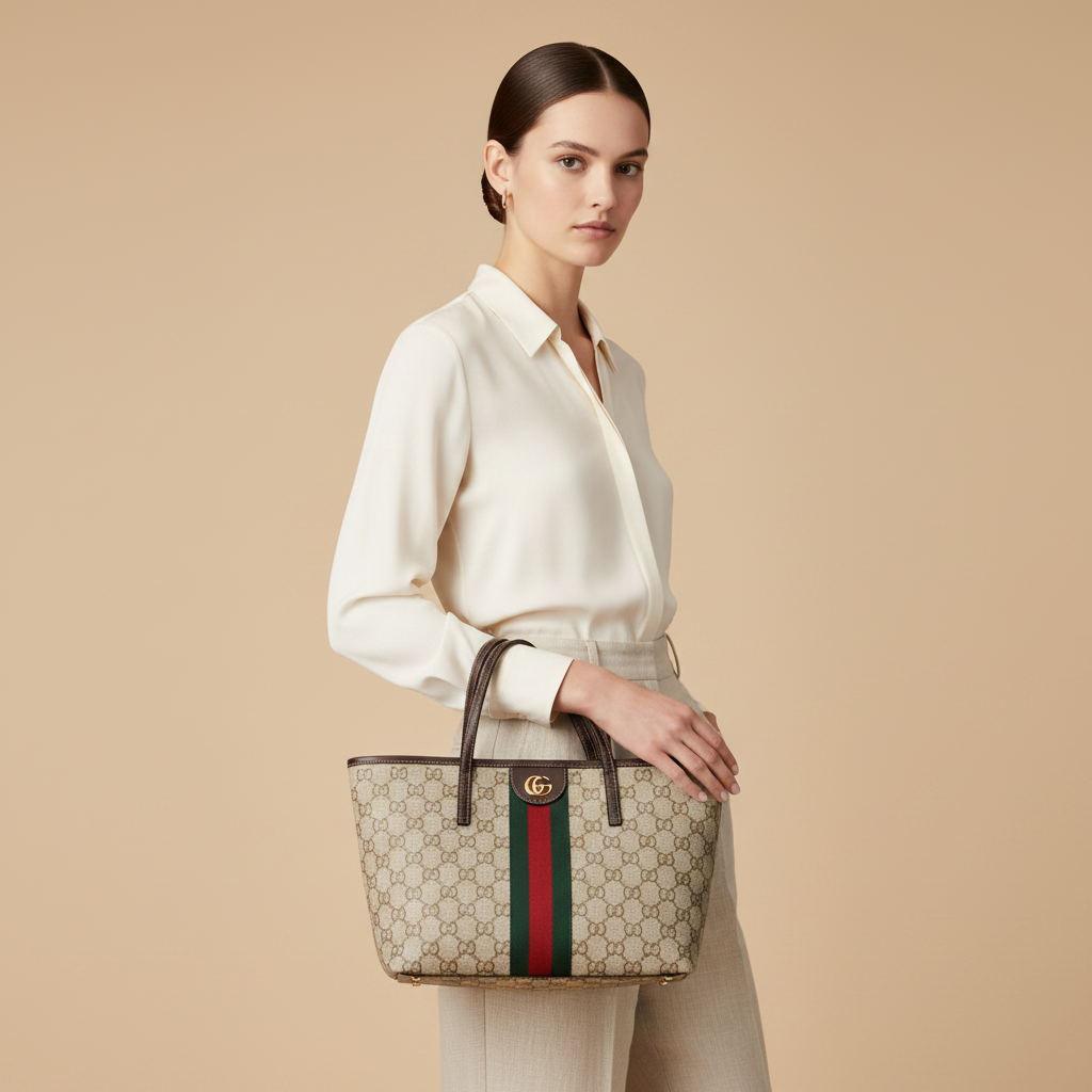 Beige Cotton Handbag — held by model in studio