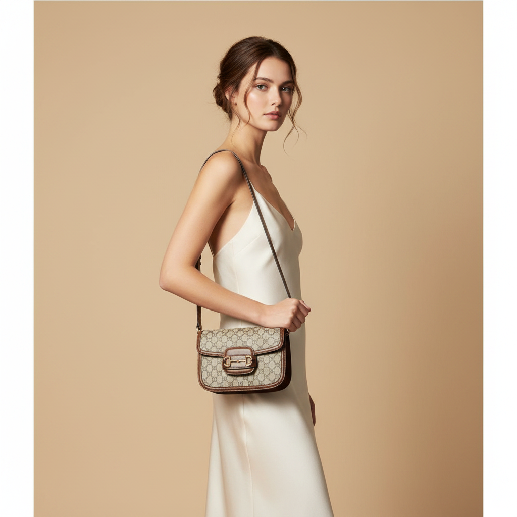 Gucci Horsebit 1955 Beige GG Supreme Canvas Shoulder Bag — held by model in studio