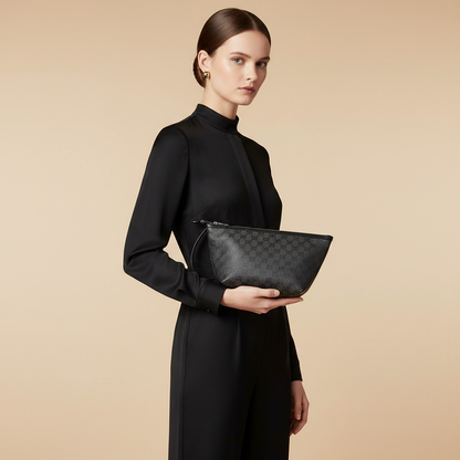 Gucci Essence Small Black GG Canvas Pouch — held by model in studio