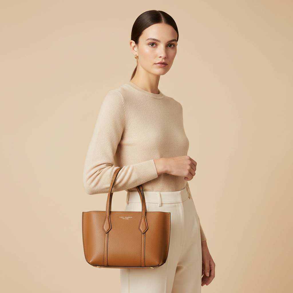 Tory Burch Perry Brown Calf Leather Mini Tote Bag — held by model in studio