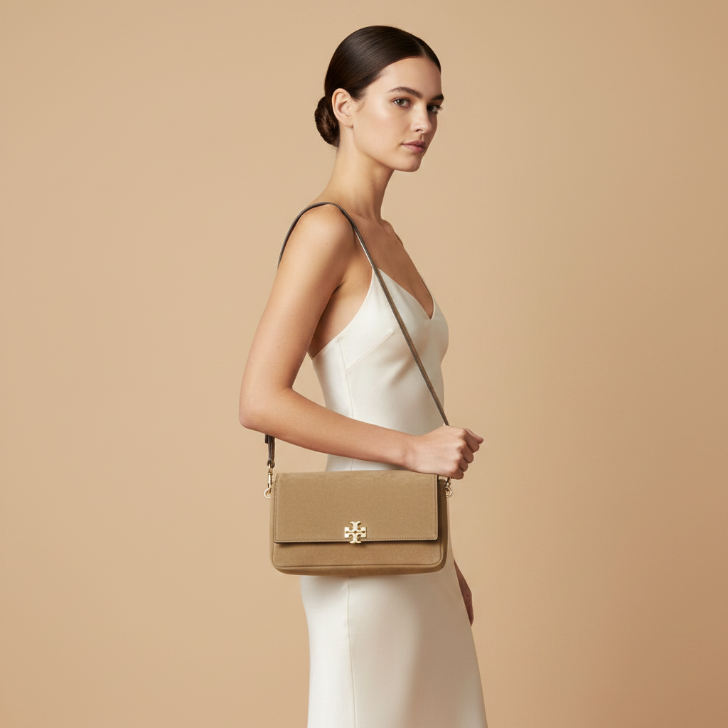 Tory Burch Charlie Mini Beige Suede Shoulder Bag — held by model in studio