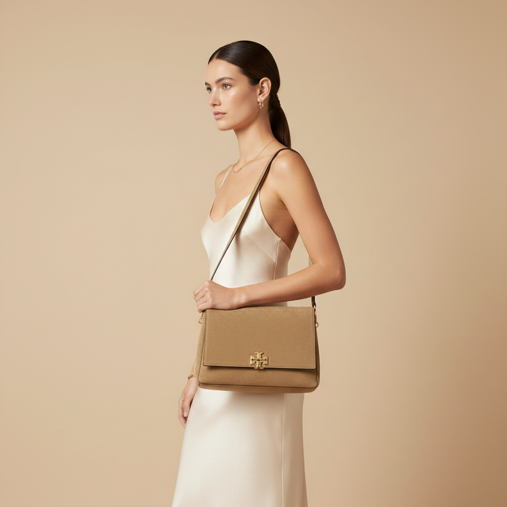 Tory Burch Charlie Beige Calf Leather Shoulder Bag — held by model in studio