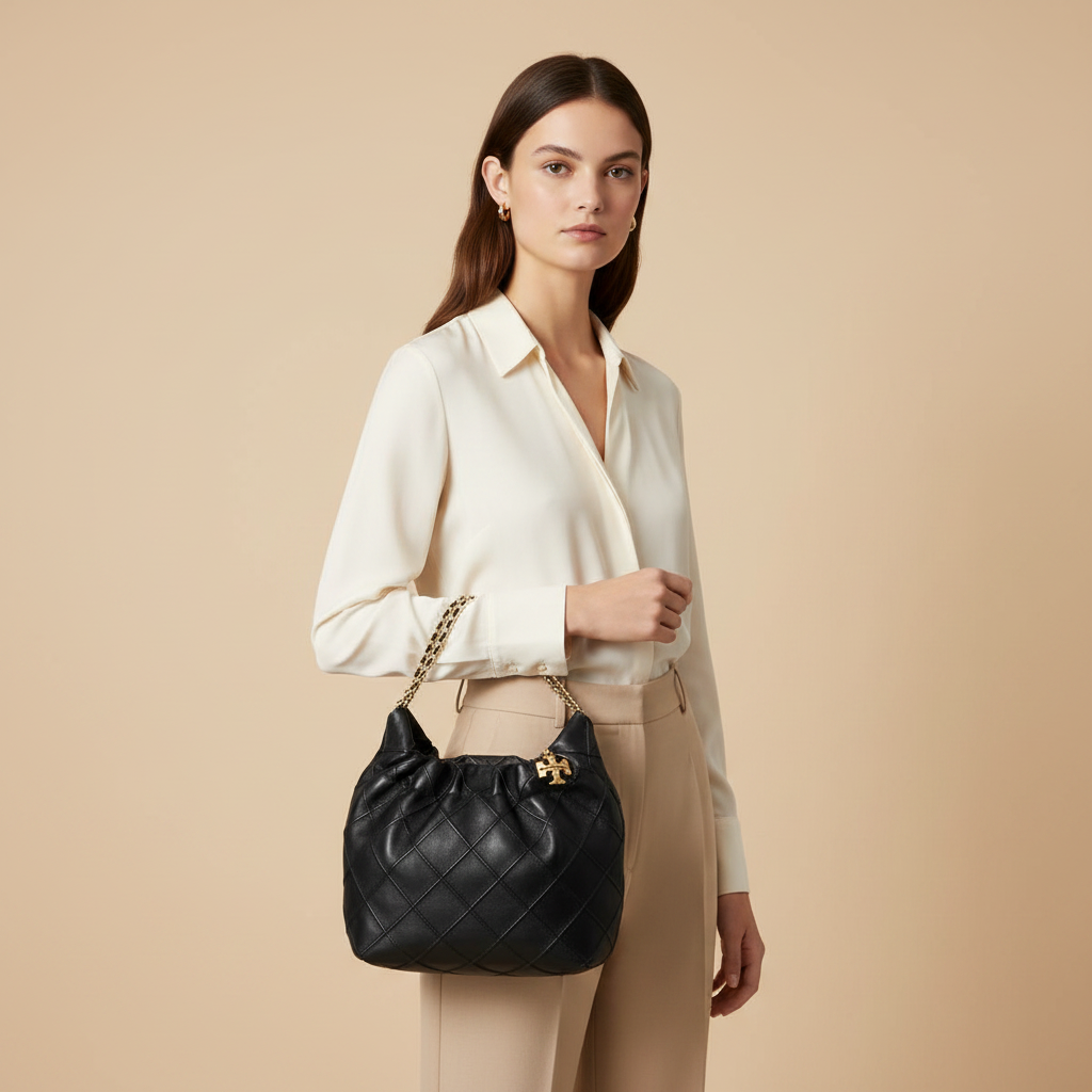 Tory Burch Fleming Black Calf Leather Mini Hobo Shoulder Bag — held by model in studio