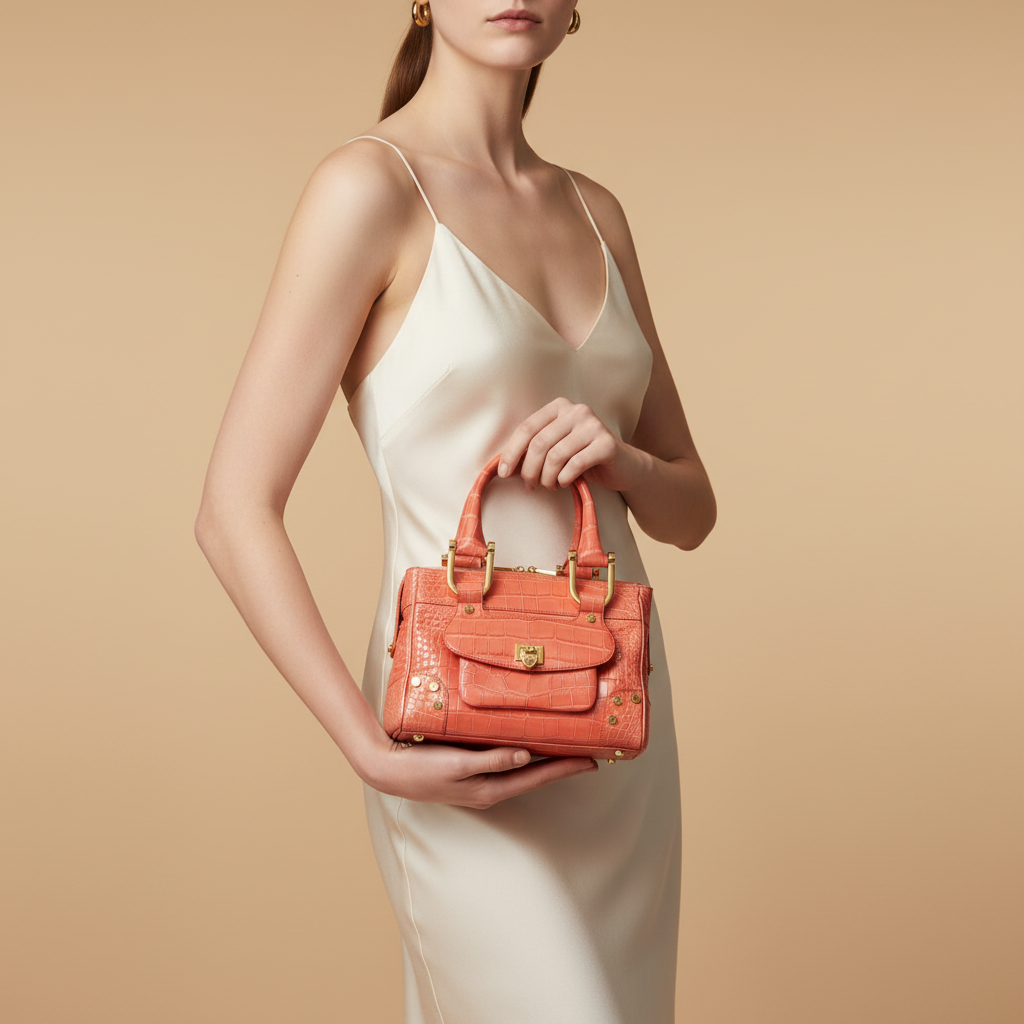 Chopard Caroline Mini Shiny Coral Alligator Leather Handbag 95000-0206 — held by model in studio