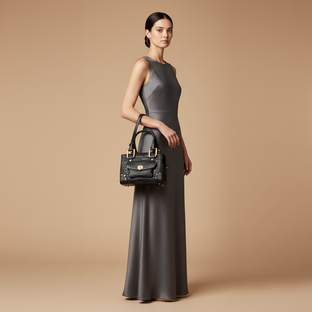 Chopard Caroline Mini Matte Black Alligator Leather Handbag 95000-0176 — held by model in studio