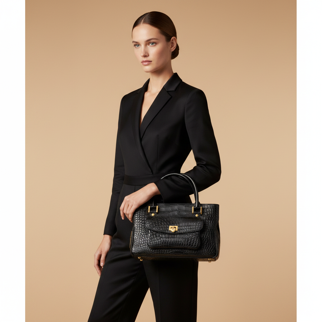 Chopard Riviera Matte Black Alligator Leather Handbag 95000-0178 — held by model in studio