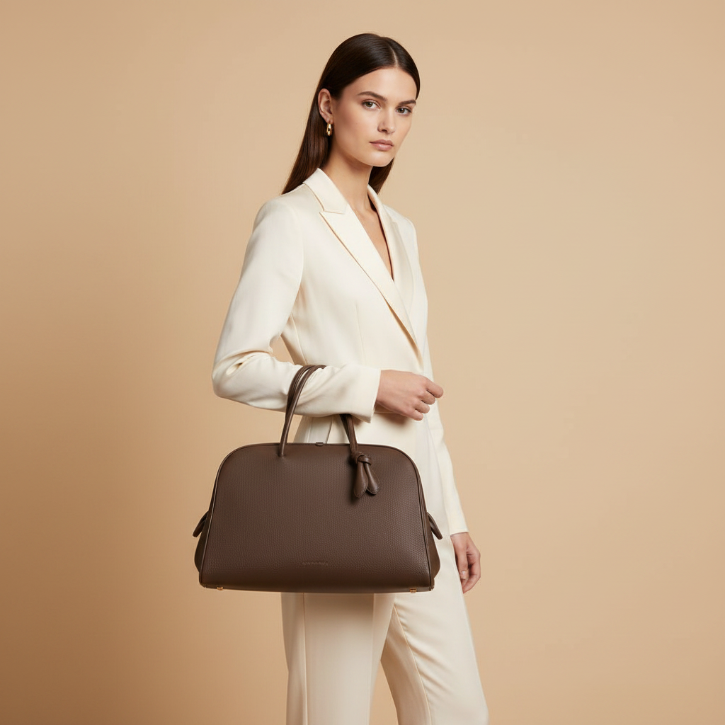 Jacquemus Le Grand Tourisme Brown Grained Leather Travel Bag — held by model in studio