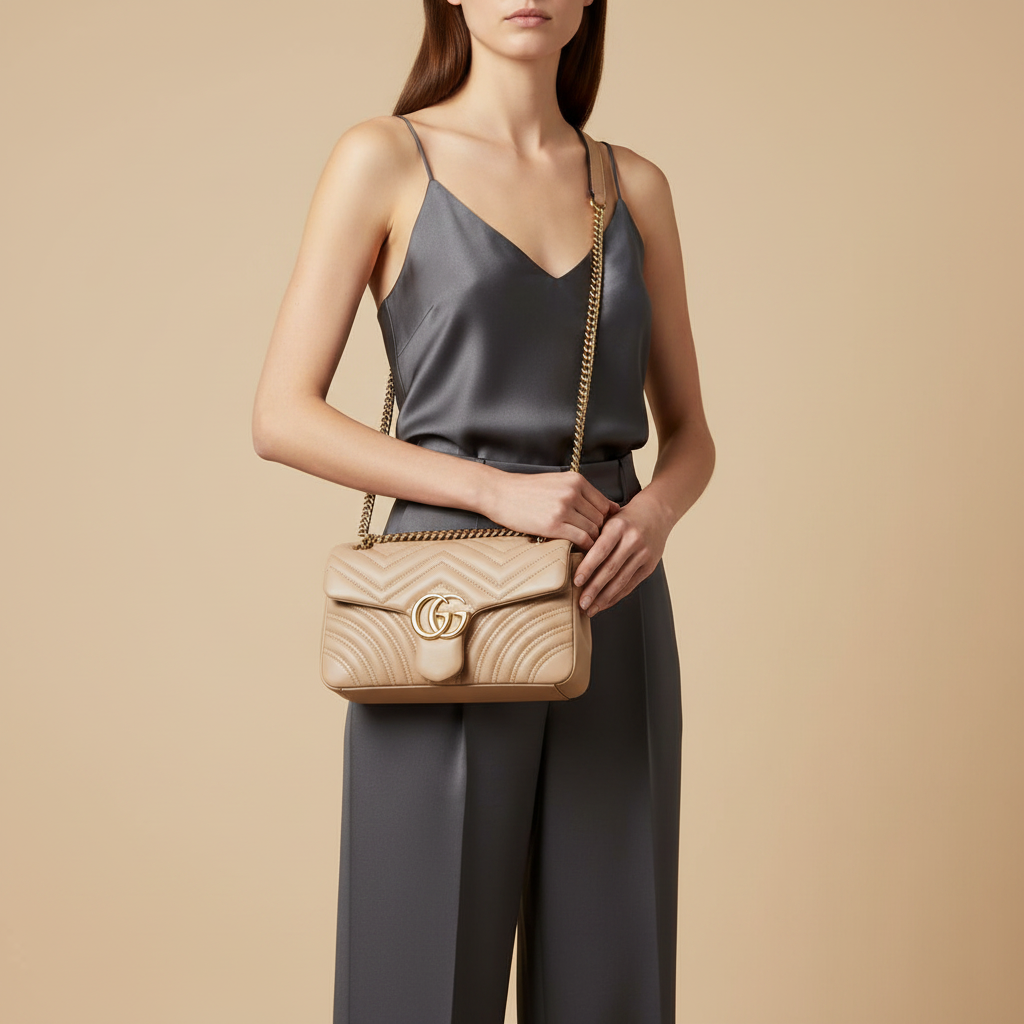 Gucci GG Marmont Medium Matelassé Multicolor Leather Shoulder Bag — held by model in studio