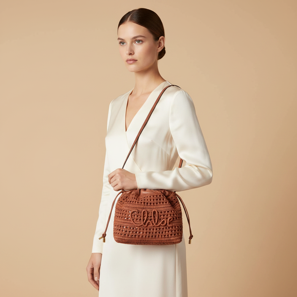 Multicolor Raffia Shoulder Bag — held by model in studio