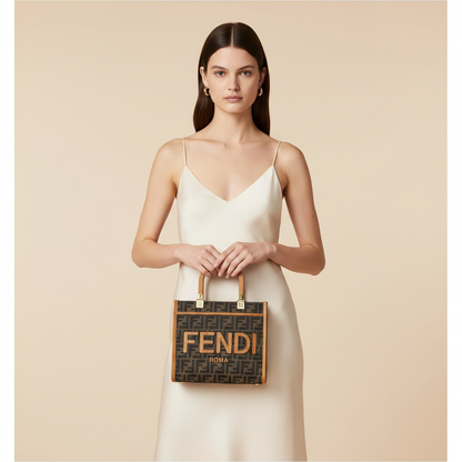 Fendi Sunshine Mini Brown Fabric Tote Bag — held by model in studio