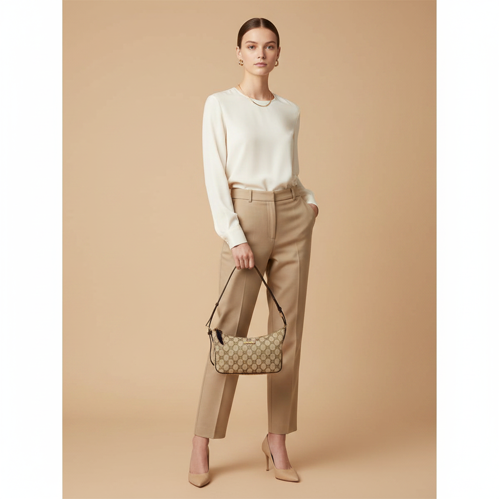 Gucci Lady Lunetta Beige/Ebony GG Canvas Shoulder Bag — held by model in studio