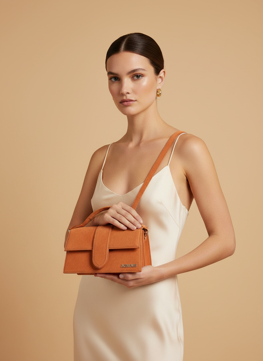 Jacquemus Le Grand Bambino Terracotta Leather Shoulder Bag — held by model in studio