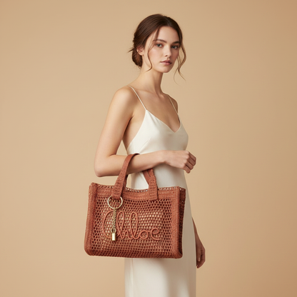 Brown Raffia Shoulder Bag — held by model in studio