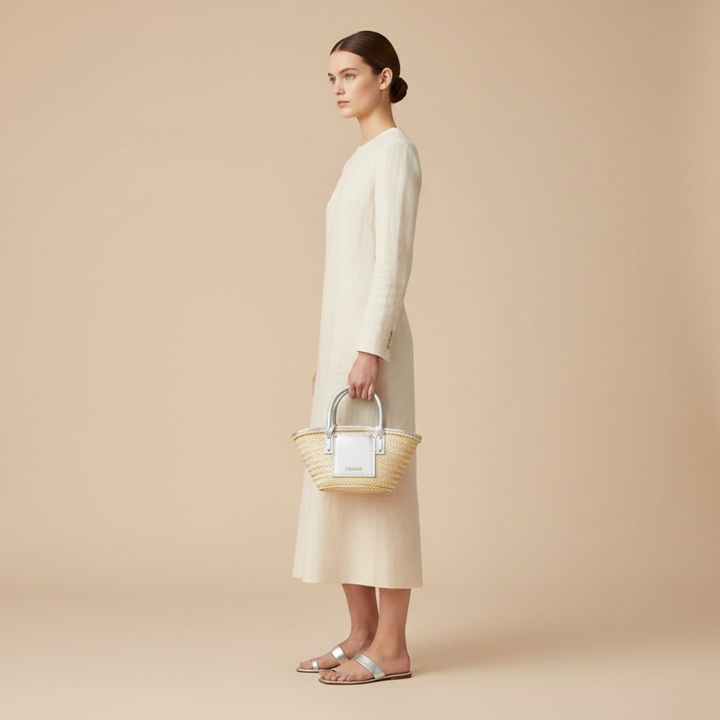 Jacquemus Le Panier Solis Beige Raffia Handbag — held by model in studio