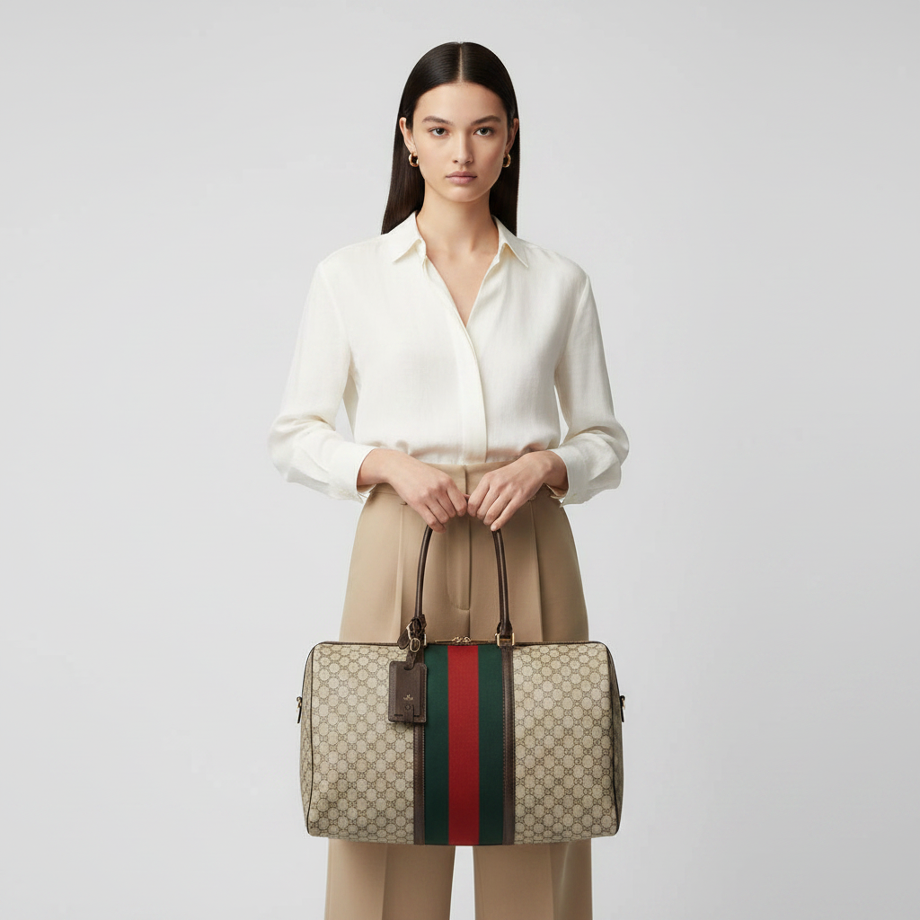 Gucci GG Web Stripe Duffle Bag in Beige/Ebony GG Supreme Canvas — held by model in studio