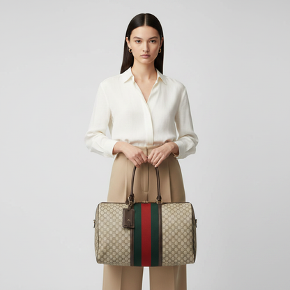 Gucci GG Web Stripe Duffle Bag in Beige/Ebony GG Supreme Canvas — held by model in studio
