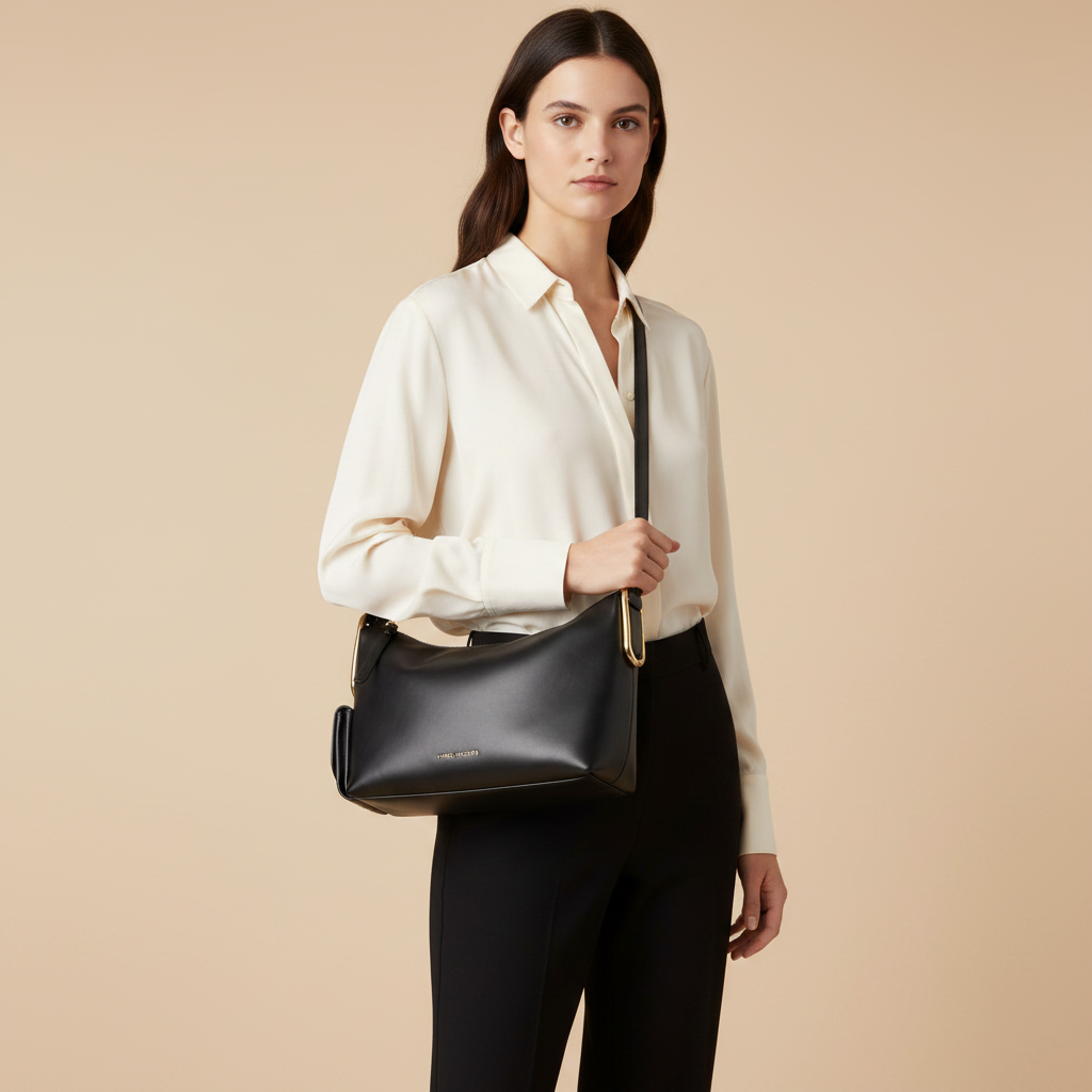 Marc Jacobs The Juliette Black Calf Leather Shoulder Bag — held by model in studio
