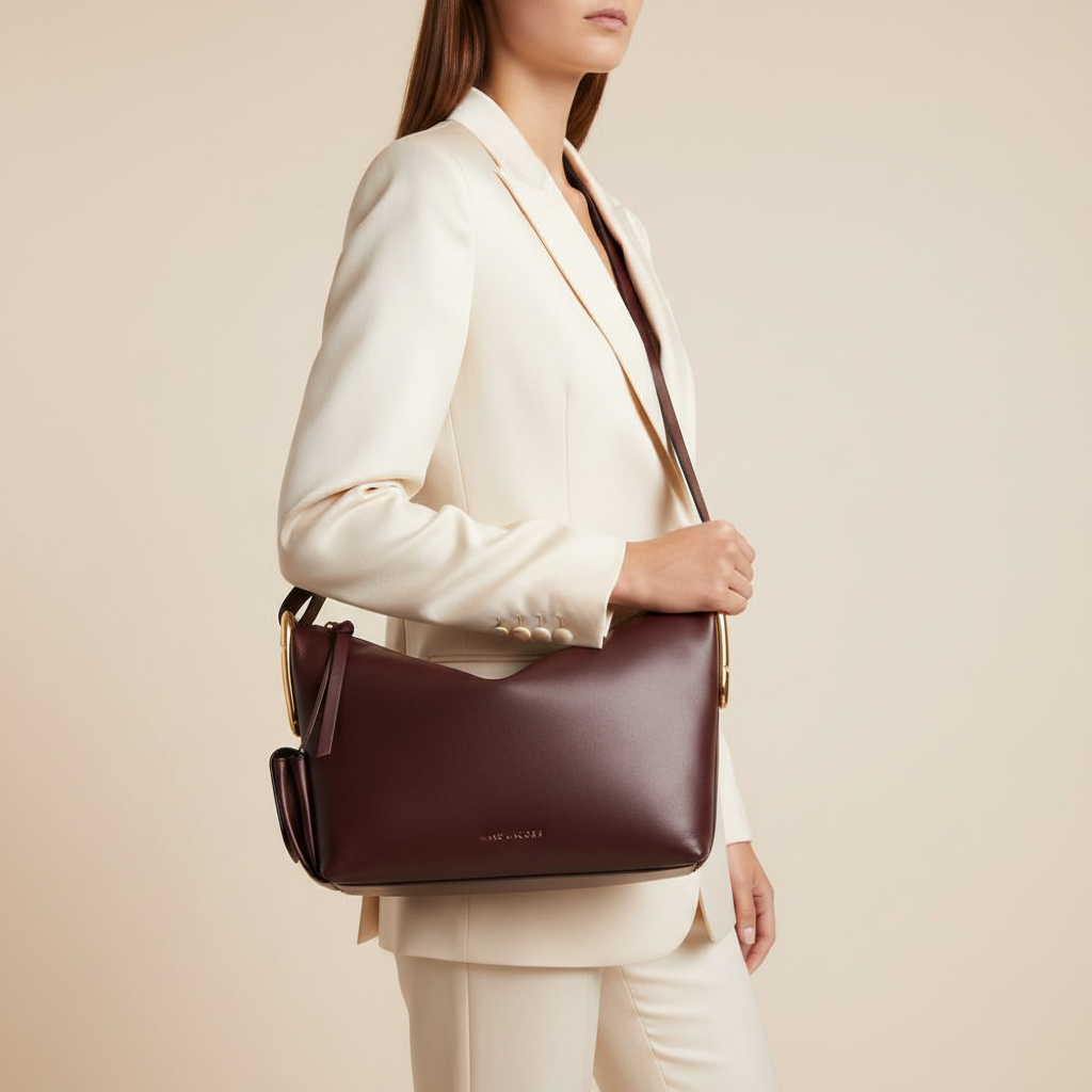 Marc Jacobs The J Marc Bordeaux Calf Leather Shoulder Bag — held by model in studio