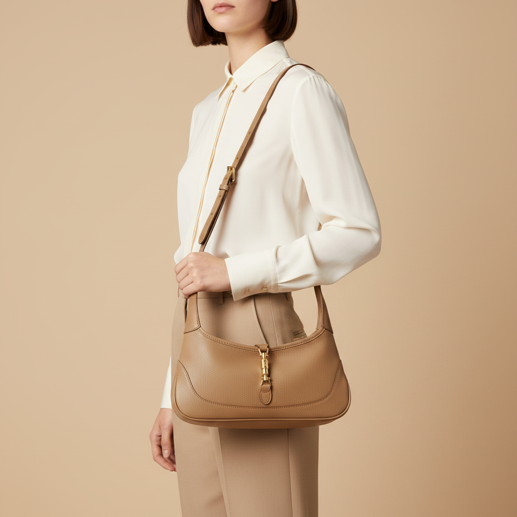 Gucci Jackie Slim Beige Goatskin Shoulder Bag — held by model in studio