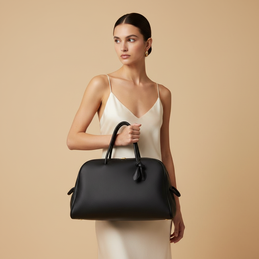 Jacquemus Le Grand Tourisme Black Grained Leather Travel Bag — held by model in studio