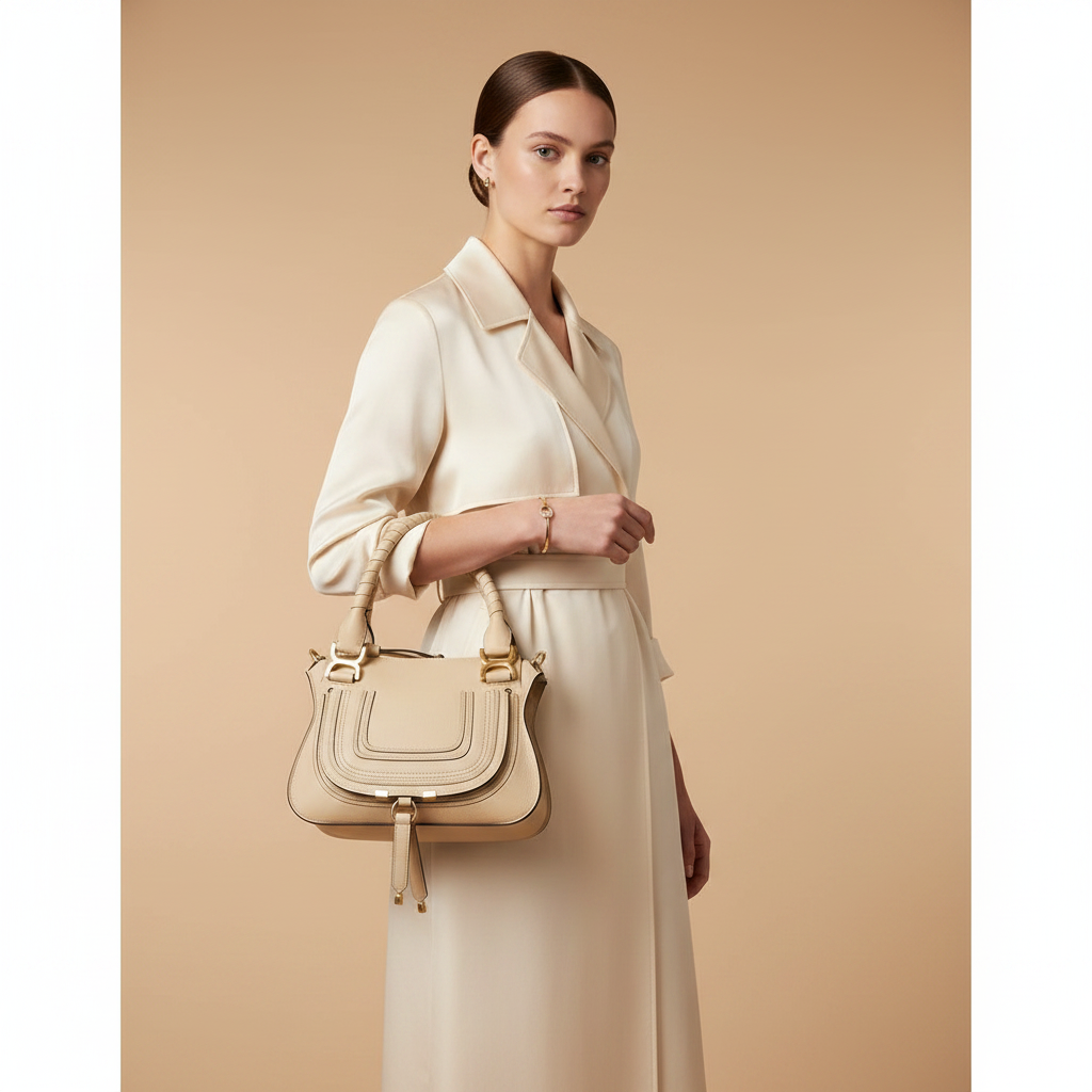 Chloé Marcie Beige Calfskin Top Handle Bag — held by model in studio