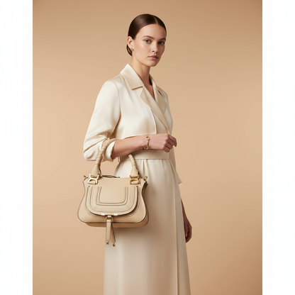 Chloé Marcie Beige Calfskin Top Handle Bag — held by model in studio