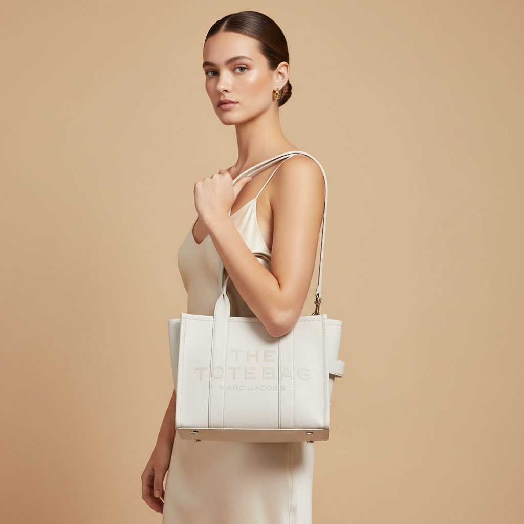 Marc Jacobs The Tote Bag White Calf Leather Shoulder Bag — held by model in studio