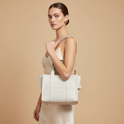 Marc Jacobs The Tote Bag White Calf Leather Shoulder Bag — held by model in studio