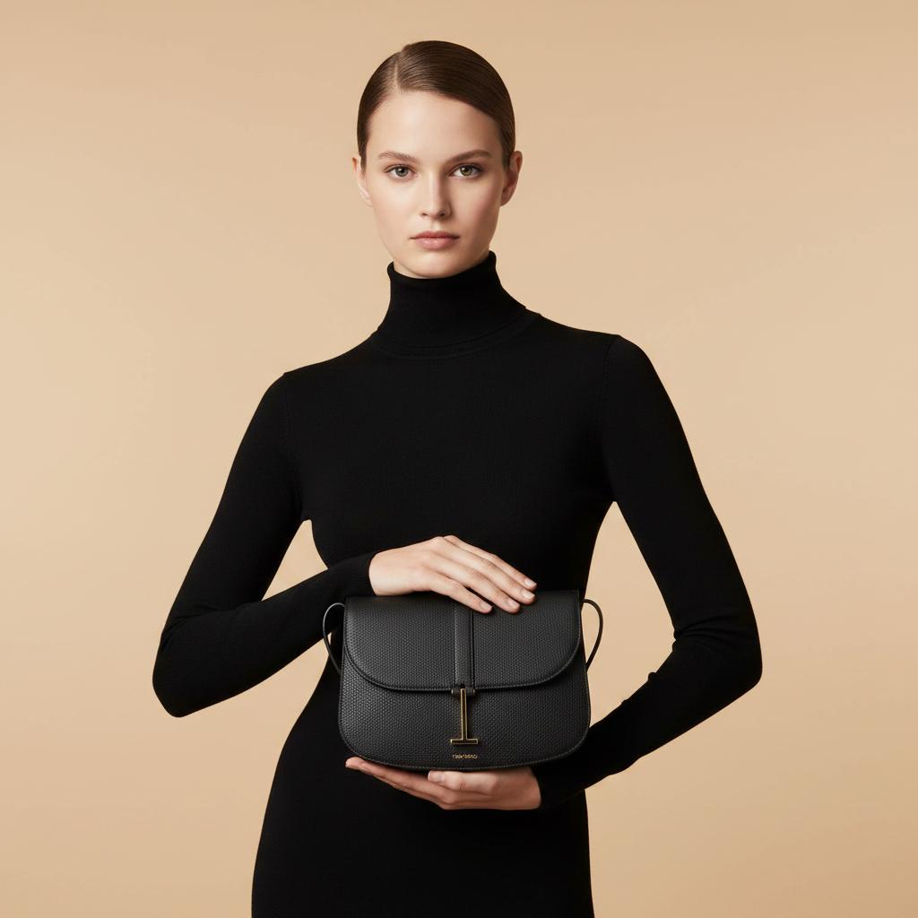 Tom Ford Black Grained Leather Shoulder Bag — held by model in studio
