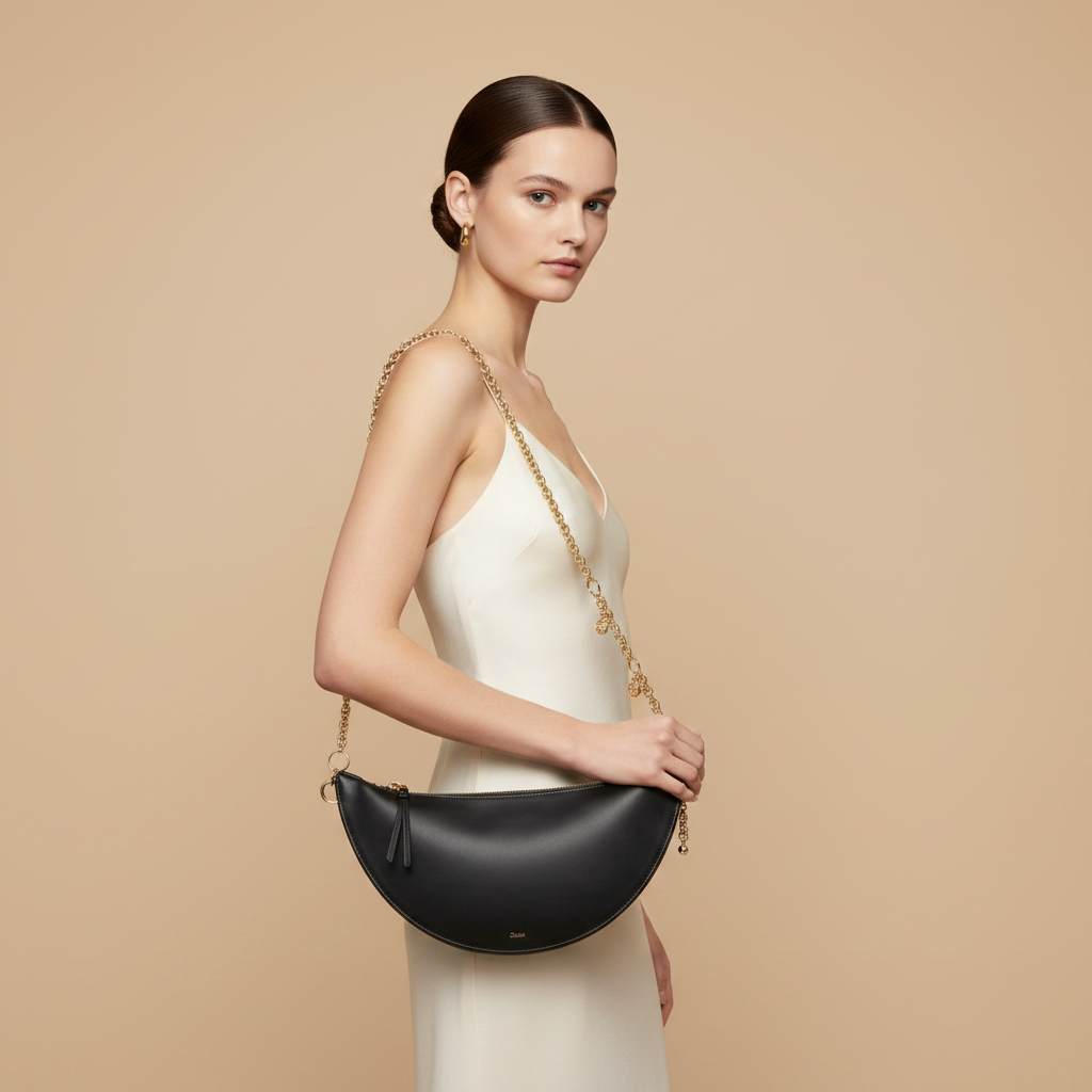 Black Calf Leather Bos Taurus Shoulder Bag — held by model in studio